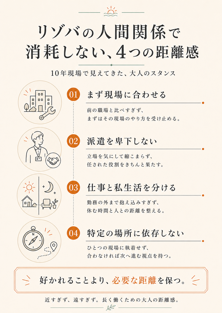 リゾバの人間関係で消耗しないために意識したい4つの距離感をまとめた図解