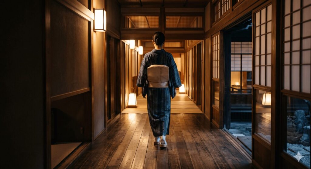 旅館の廊下を凛とした姿勢で歩くスタッフの後ろ姿