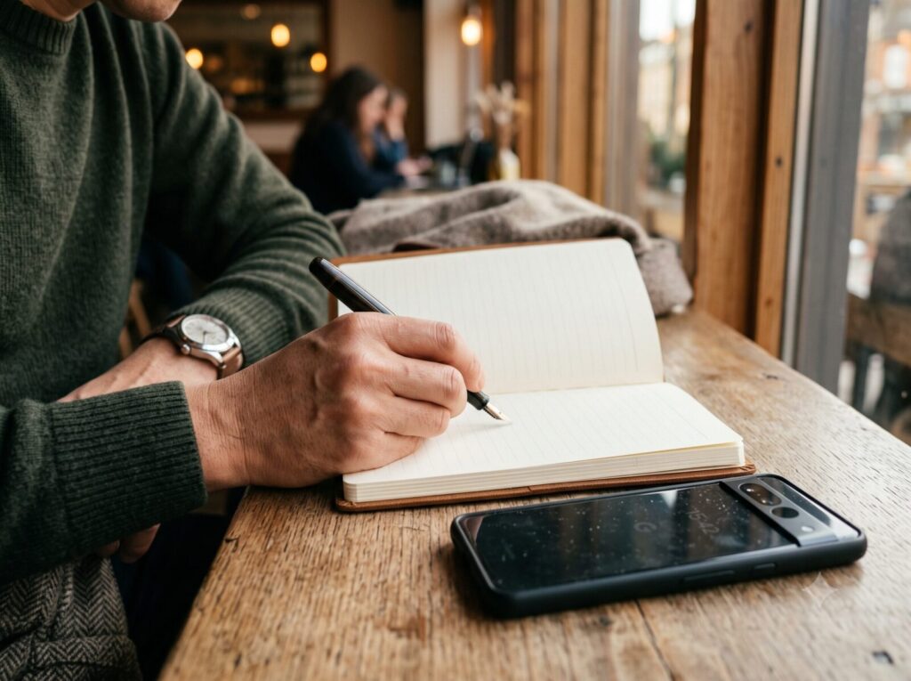 カフェで手帳に書き込む手元