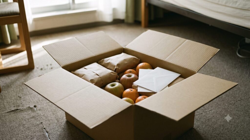 実家から届いた宅急便。納付書や控除証明書と地元の食べ物がひとつの箱で届く、大人のリゾバ暮らしの補給便