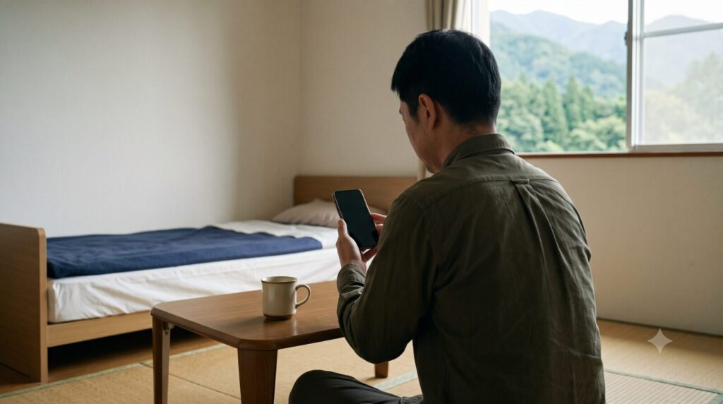 赴任先の寮の部屋。1年未満の一時的な拠点として身軽に暮らす、住民票を移さない大人のリゾバスタイル