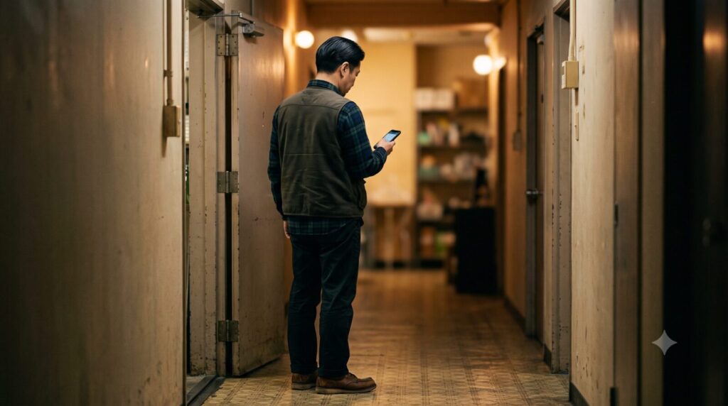 通路でスマホを確認する後ろ姿