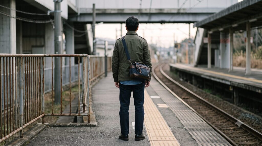 駅のホームでバッグひとつの後ろ姿